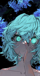  bare_shoulders black_background blue_eyes blue_hair collarbone curly_hair female flower glowing glowing_eye hand_on_own_face highres looking_at_viewer mont_blanca original short_hair simple_background solo 