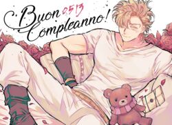  1boy battle_tendency birthday blonde_hair boots brown_footwear brown_gloves caesar_anthonio_zeppeli closed_mouth commentary_request cursive dated eyelashes facial_mark flower gloves green_eyes hair_over_one_eye hand_on_own_hip happy_birthday italian_text jojo_no_kimyou_na_bouken korean_commentary looking_at_viewer male_focus mapi_(mup1228) pants petals protected_link reclining red_flower rose shirt short_hair short_sleeves smile solo stuffed_animal stuffed_toy t-shirt teddy_bear translated unworn_headband v-neck white_pants white_shirt 