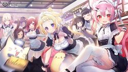  6+girls alternate_costume animal_ear_fluff animal_ears apron ariake_(azur_lane) asagi_yuna azur_lane bare_shoulders black_cat black_dress black_footwear black_hair black_skirt blonde_hair blue_eyes bow breasts brown_eyes brown_hair cat_ears cat_girl cat_tail cleavage cleavage_cutout clothing_cutout dark-skinned_female dark_skin detached_collar dress ears_down enmaided feline frilled_apron frilled_cuffs frilled_dress frilled_hairband frilled_skirt frills garter_straps hair_between_eyes hairband hairbow hatsuharu_(azur_lane) hatsushimo_(azur_lane) holding holding_tray i-19_(azur_lane) i-25_(azur_lane) i-26_(azur_lane) indoors large_breasts leaning_forward long_hair looking_at_viewer maid maid_apron maid_cafe maid_headdress manjuu_(azur_lane) medium_hair meowfficer_(azur_lane) multiple_girls open_mouth pink_hair pink_tail puffy_short_sleeves puffy_sleeves purple_eyes rabbit_ears red_eyes red_hair red_ribbon ribbon short_sleeves skirt strapless strapless_dress tail thighhighs tray white_bow white_garter_straps white_thighhighs wrist_cuffs yellow_eyes yellow_tail yuugure_(azur_lane) yuugure_(maid-in-training!)_(azur_lane) zettai_ryouiki 