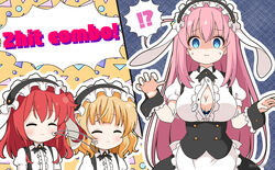  !? 3girls animal_ears apron black_hairband black_skirt blonde_hair blue_bra blush bocchi_the_rock! bra breasts center_frills cleavage closed_eyes closed_mouth collared_shirt commentary_request cosplay crossover dress_shirt english_text fake_animal_ears false_smile fleur_de_lapin_uniform floppy_ears frilled_apron frilled_hairband frills gochuumon_wa_usagi_desu_ka? gotoh_hitori hair_between_eyes hairband highres kirima_syaro kirima_syaro_(cosplay) kita_ikuyo large_breasts long_hair mitya multiple_girls outline pink_hair popped_button puffy_short_sleeves puffy_sleeves rabbit_ears red_hair shirt short_sleeves skirt smile spoken_interrobang sweat turn_pale twitter_username underwear uniform very_long_hair waist_apron waitress wavy_hair white_apron white_outline white_shirt wrist_cuffs 