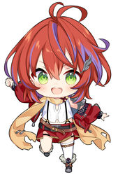  akane_canna akane_canna_(1st_costume) antenna_hair arm_at_side black_footwear chibi female full_body green_eyes hand_up hiyoku_no_crosspiece kiya_machi looking_at_viewer medium_hair multicolored_hair nanashi_inc. open_mouth purple_hair red_hair red_shorts shirt shorts simple_background solo standing standing_on_one_leg streaked_hair suspenders thighhighs virtual_youtuber white_background white_shirt white_thighhighs 