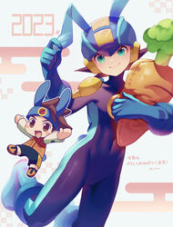  2023 2boys :d animal_ears black_shorts blue_footwear blue_headband blue_helmet blurry blush blush_stickers bodysuit boots brown_eyes brown_hair chibi chinese_zodiac closed_mouth commentary covered_navel depth_of_field egasumi fake_animal_ears green_eyes hand_up happy headband helmet highres hugging_object lan_hikari_(mega_man) long_sleeves looking_at_viewer male_focus mega_man_(series) mega_man_battle_network_(series) megaman.exe multiple_boys netnavi open_mouth orange_vest purple_bodysuit rabbit_ears shirt short_hair shorts smile spiked_hair stuffed_carrot stuffed_toy symbol-only_commentary translation_request twitter_username vest white_shirt year_of_the_rabbit zero-go 