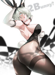  2b_(nier:automata) animal_ears armpits ass back bare_shoulders blue_eyes blurry blurry_background breasts elbow_gloves female gloves hatori_mia highres large_breasts leotard mole mole_under_mouth nier:automata nier_(series) pantyhose playboy_bunny rabbit_ears rabbit_pose sideboob solo thick_thighs thighband_pantyhose thighs white_background white_hair 