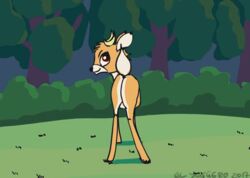  2017 animated antlers ass bramble_(mlp) brown_body brown_fur deer el-yeguero equid feral forest friendship_is_magic fur grass hair hasbro horn idw_publishing lolicon looking_at_viewer looking_back looking_back_at_viewer male mammal my_little_pony my_little_pony_(idw) plant quadruped red_eyes shaking_butt short_playtime signature solo swaying tree young 