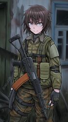  absurdres aek-971 armor assault_rifle bolt_(hardware) brown_eyes brown_hair camouflage commentary dagger elbow_pads female fingerless_gloves gloves gun highres holding knife load_bearing_vest looking_at_viewer military original rifle short_hair solo stalker_(game) weapon zap-nik 