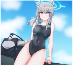  absurdres animal_ear_fluff animal_ears bag black_one-piece_swimsuit blue_archive blue_eyes blue_sky breasts cloud commentary competition_swimsuit covered_navel cowboy_shot cross_hair_ornament extra_ears female grey_hair hair_ornament halo highres jonasmk looking_at_viewer low_ponytail medium_breasts medium_hair mismatched_pupils multicolored_clothes multicolored_swimsuit official_alternate_costume one-piece_swimsuit shiroko_(blue_archive) shiroko_(swimsuit)_(blue_archive) sky solo swimsuit wolf_ears 