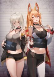  2girls :o absurdres animal_ears bare_shoulders black_choker black_jacket black_pants black_shirt black_shorts blonde_hair bra_strap breasts chains choker choyeon cleavage clenched_teeth collar commission cowboy_shot crop_top dolphin_shorts dungeon_and_fighter ellin_meiji fox_ears fox_girl grey_shirt hand_up highres jacket large_breasts leash lethe_rin long_sleeves looking_to_the_side micro_shorts midriff multiple_girls name_tag navel oerba_yun_fang off_shoulder open_clothes open_jacket open_mouth original pants ponytail raised_eyebrow red_eyes second-party_source shirt short_shorts shorts simple_background sleeveless sleeveless_shirt sports_bra standing stomach strap_gap sweatband taut_clothes taut_shirt teeth thighs two-tone_sports_bra v-shaped_eyebrows white_background white_hair white_jacket 