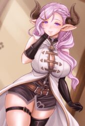  asymmetrical_gloves black_gloves black_thighhighs blue_eyes bottomless braid breasts cosplay demon_horns draph elbow_gloves female gloves granblue_fantasy hair_ornament horns large_breasts laruna_(granblue_fantasy) light_purple_hair long_hair low_tied_hair mature_female narmaya_(granblue_fantasy) narmaya_(granblue_fantasy)_(cosplay) pointy_ears single_braid single_thighhigh sleeveless solo suzuki_sakura thigh_strap thighhighs uneven_gloves 