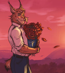  anthro biped blacksad blue_bottomwear blue_clothing blue_pants bottomwear bouquet clothed clothing dress_shirt felid feline flower fur hi_res holding_bouquet holding_flower holding_object joe_dunn looking_at_viewer lynx male mammal markings pants plant shirt solo spots spotted_body spotted_fur sunset topwear vhkansfweer whiskers 