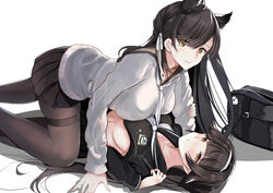  2girls all_fours animal_ears atago_(azur_lane) atago_(school_traumerei)_(azur_lane) azur_lane bag black_hair black_pantyhose black_sailor_collar black_serafuku black_shirt black_skirt blunt_bangs breast_press breasts cardigan collarbone commentary_request cowgirl_position crop_top crop_top_overhang dog_ears extra_ears hair_behind_ear hair_ears hair_flaps hairband hanging_breasts large_breasts long_hair looking_at_viewer lying mole mole_under_eye multiple_girls navel neckerchief official_alternate_costume on_back pantyhose parted_lips pleated_skirt ponytail ribbon sailor_collar school_bag school_uniform schreibe_shura serafuku shadow shirt sidelocks skirt smile swept_bangs symmetrical_docking takao_(azur_lane) takao_(school_romanza)_(azur_lane) thighband_pantyhose white_background white_cardigan white_hairband white_neckerchief white_ribbon yellow_eyes yuri 