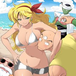  1girls 3boys arms_crossed assertive bad_launch bald beach beard bikini_top blonde_hair blush booty_shorts breast_press breasts busty cape cleavage cloud dragon_ball drooling earrings facial_hair female green_eyes green_skin grin hair_ribbon hand_on_hip human jewelry kara_age large_breasts launch long_hair lunch_(dragon_ball) master_roshi missing_teeth mound_of_venus multiple_boys muten_roushi navel ocean old_man piccolo pointy_ears ribbon sea shorts sky smirk sunglasses sweat sweatdrop teasing tenshinhan third_eye tien_shinhan turban voluptuous water 