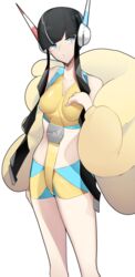  arm_at_side bare_shoulders bike_shorts black_hair blue_eyes blunt_bangs breasts closed_mouth coat collarbone commentary elesa_(pokemon) female fur_coat hand_up headphones highres looking_to_the_side pokemon pokemon_bw2 sidelocks solo white_background yellow_coat yuuyuu_(yuuki1771) 