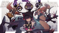  animal_ears belt black_hair black_sclera chandelure character_request claws closed_eyes closed_mouth colored_sclera commentary dragon e_volution fangs female fire frills hood hood_up hydreigon landorus landorus_(therian) long_sleeves metagross oerba_yun_fang paw_pose pokemon pokemon_(creature) red_eyes sleeves_past_wrists smile snorlax tapu_koko 