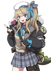  animal_bag ascot backpack bag black_gloves blonde_hair blue_eyes blue_skirt bow coat commission cowboy_shot english_commentary female fingerless_gloves girls&#039;_frontline girls&#039;_frontline_2:_exilium gloves hairbow hat headset heart highres jjuwaap long_hair one_side_up open_clothes open_coat open_mouth pantyhose pixiv_commission pleated_skirt simple_background skirt smile solo sweater_vest v vepley_(girls&#039;_frontline_2) white_background white_hat 