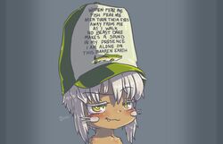  1other :3 animal_ears blush bune_poster clothes_writing english_text fang_out fish furry gradient_background green_eyes grey_background hat_writing made_in_abyss meme nanachi_(made_in_abyss) oerba_yun_fang portrait smug whiskers white_hair women_want_me_fish_fear_me_(meme) 