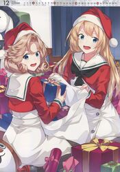  2girls absurdres black_legwear black_neckerchief blonde_hair blue_eyes blush bokukawauso box buttons calendar_(medium) christmas curtains december dress gift gift_box hair_between_eyes hat highres holding holding_gift incredibly_absurdres janus_(kancolle) jervis_(kancolle) kantai_collection konishi_(koconatu) long_hair long_sleeves looking_at_viewer multiple_girls neckerchief official_art open_mouth pantyhose pom_pom_(clothes) red_headwear rudder_footwear sailor_collar sailor_dress santa_hat scan short_hair smile white_dress white_sailor_collar 