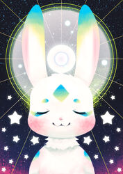  abstract_background ambiguous_gender anthro celestial_star_polygon closed_eyes cosmic_background fur kane780302 lagomorph leporid mammal rabbit smile solo star starry_background starscape white_body white_fur 