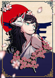  artist_name bare_shoulders black_hair blue_eyes blurry blurry_foreground commentary_request depth_of_field female flower fox_mask from_side hair_flower hair_ornament highres japanese_clothes kimono long_hair looking_away looking_to_the_side mask mask_on_head miko original parted_lips petals photoshop_(medium) pink_flower q-pra red_flower signature sleeveless sleeveless_kimono solo torii upper_body white_kimono 