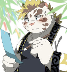  anthro asian_clothing blue_eyes blush chinese_clothing clothing east_asian_clothing felid fur hi_res inkbrush licho_(tas) lifewonders male mammal overweight overweight_male pantherine ptcmtr solo striped_body striped_fur stripes tanabata tiger tokyo_afterschool_summoners white_body white_fur writing_utensil 