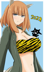  2022 animal_ears animal_print bandeau black_jacket blue_background blue_eyes blush brave_witches breasts brown_hair chinese_zodiac cleavage closed_mouth commentary female gundula_rall half-closed_eyes highres jacket large_breasts looking_at_viewer medium_hair miyafuji_yoshika navel new_year open_clothes open_jacket print_bandeau shikokuken_(mrykk24) silhouette_demon smile solo standing strike_witches tiger_print wolf_ears wolf_girl world_witches_series year_of_the_tiger yellow_bandeau 