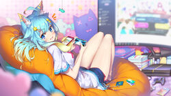  :d ^^^ ahoge animal_ears aqua_hair bad_source bare_legs barefoot bean_bag_chair blonde_hair blurry blurry_background blurry_foreground breasts cat_ears cellphone controller curved_monitor depth_of_field dolphin_shorts fate/grand_order fate_(series) female game_console game_controller google_play gradient_hair hair_ornament hairclip highres hong_(white_spider) indoors lanmewko looking_at_viewer looking_back monitor multicolored_hair nail_polish oerba_yun_fang open_mouth original phone pink_nails playstation_4 prehensile_hair purple_eyes reclining shirt short_shorts shorts small_breasts smartphone smile solo t-shirt 