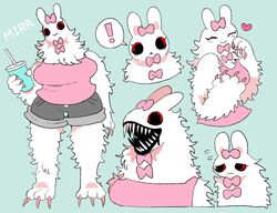  87sukiyaki anthro blue_background clothed clothing exclamation_point female heart_symbol lagomorph leporid mammal mira rabbit red_sclera ribbons sharp_teeth simple_background solo teeth 