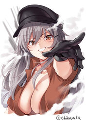  black_gloves black_hat breasts brown_shirt cleavage collarbone collared_shirt commentary_request ebifurya female gangut_(kancolle) gangut_dva_(kancolle) gloves grey_hair grin hair_between_eyes hat highres kantai_collection large_breasts long_hair one-hour_drawing_challenge orange_eyes peaked_cap scar scar_on_face shirt short_sleeves simple_background smile solo twitter_username upper_body white_background 