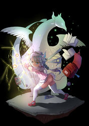  aicky ass backpack bag beads black_background black_hairband blue_eyes blunt_bangs book capelet dragon dragon_girl dragon_horns dragon_tail dress dual_persona duplicate electricity eraser female fighting_stance frilled_capelet frills hair_beads hair_bobbles hair_ornament hairband highres horns kanna_kamui kanna_kamui_(dragon)_(maidragon) kobayashi-san_chi_no_maidragon light_purple_hair lightning long_hair looking_at_viewer low_twintails mary_janes microdress no_panties orb pencil pixel-perfect_duplicate randoseru ruler shoes simple_background tail thick_thighs thighhighs thighs twintails white_legwear wind 