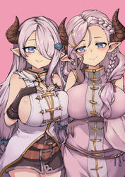  2girls absurdres blue_eyes braid breasts demon_horns draph granblue_fantasy hair_ornament highres horns korean_commentary large_breasts laruna_(granblue_fantasy) light_purple_hair low_tied_hair mature_female mother_and_daughter multiple_girls narmaya_(granblue_fantasy) pointy_ears ppyumeuleulu single_braid standing 