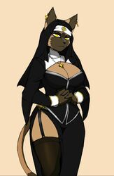  6ironknight9 accessory anthro belt big_breasts breasts brown_body brown_fur clothing crucifix domestic_cat efimiia_kovaleva felid feline felis female fur hi_res jewelry legwear looking_at_viewer mammal nun nun_habit pendant religious_clothing simple_background solo thigh_highs yellow_eyes 