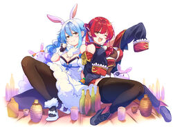  2girls animal_ear_fluff animal_ears black_coat black_footwear black_pantyhose black_thighhighs blue_hair blush bottle braid breasts buttons cleavage coat commentary_request cropped_jacket detached_sleeves don-chan_(usada_pekora) dress extra_ears full_body fur_scarf gold_trim hair_ribbon highres hololive houshou_marine houshou_marine_(1st_costume) knee_up large_breasts legs leotard leotard_under_clothes long_hair long_sleeves looking_at_viewer medium_breasts multicolored_hair multiple_girls oerba_yun_fang off_shoulder one_eye_closed open_mouth pantyhose rabbit-shaped_pupils rabbit_ears rabbit_girl red_hair red_ribbon ribbon sake_bottle scarf shiny_clothes shiny_skin short_eyebrows short_sleeves sidelocks simple_background sitting skin_fang skindentation sleeveless sleeveless_dress sleeves_past_fingers sleeves_past_wrists streaked_hair symbol-shaped_pupils thick_eyebrows thighhighs thighs twin_braids twintails usada_pekora usada_pekora_(1st_costume) virtual_youtuber white_background white_footwear white_hair white_scarf yagi_(yagiumaaai) yellow_eyes 