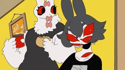  16:9 2022 2d_animation 87sukiyaki animated anthro burger clothed clothing duo eating female food lagomorph leporid mammal mira multi_eye rabbit red_sclera ribbons short_playtime widescreen 