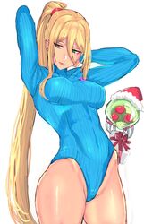  arms_behind_head arms_up blonde_hair blue_leotard box breasts closed_mouth commentary covered_navel female floating gift gift_box green_eyes hat heattech_leotard highleg highleg_leotard highres leotard lips long_hair long_sleeves medium_breasts metroid metroid_(creature) mole mole_under_mouth panzer_(p.z) ponytail ribbed_leotard samus_aran santa_hat sidelocks simple_background smile tied_hair white_background 