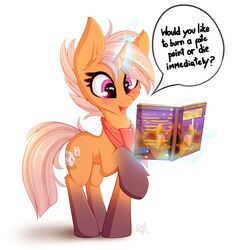  2019 absurd_res cutie_mark dialogue digital_media_(artwork) english_text equid equine fan_character hair hasbro hi_res horn mammal my_little_pony mythological_creature mythological_equine mythology omiart open_mouth pink_eyes shadow simple_background smile solo speech_bubble standing text tongue unicorn unicorn_horn white_background 