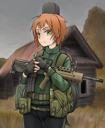  absurdres assault_rifle bullpup commentary day english_commentary female fingerless_gloves freckles gloves green_eyes gun hat highres jacket l85 load_bearing_equipment orange_hair original outdoors rifle short_hair smersh solo stalker_(game) track_jacket weapon zap-nik 