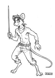  3_toes 5_fingers anthro barefoot belt bottomwear clothed clothing digital_drawing_(artwork) digital_media_(artwork) feet fingers front_view full-length_portrait holding_melee_weapon holding_needle holding_object holding_sword holding_weapon inks kerchief male mammal melee_weapon monochrome mouse murid murine narcoticdream neckerchief pants portrait rat rodent sewing_needle solo sword tail three-quarter_view toes topless weapon 