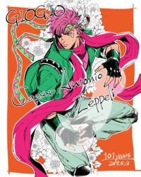  1boy alternate_color alternate_hair_color aqua_eyes battle_tendency birthday bubble caesar_anthonio_zeppeli character_name closed_mouth commentary_request copyright_name dated facial_mark fingerless_gloves fingernails floating_scarf flower gloves green_gloves green_jacket green_pants headband hydrokinesis jacket jojo_no_kimyou_na_bouken kijinkutsu knee_pads looking_away male_focus outline pants pink_hair pink_scarf pink_shirt scarf shirt short_hair solo triangle_print water white_outline wing_hair_ornament 