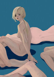  5girls absurdres arm_support blonde_hair blue_background breasts chainsaw_man closed_mouth completely_nude eyepatch hair_over_one_eye highres lips long_hair looking_at_viewer low_ponytail lying medium_breasts multiple_girls nazgul_(5511474) no_nipples nude on_side out_of_frame ponytail quanxi_(chainsaw_man) shadow simple_background sitting solo_focus 