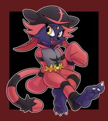  3_toes ambiguous_gender anthro barefoot clothing curling_toes easel_(character) feet generation_4_pokemon generation_7_pokemon gobanire hi_res hindpaw incineroar looking_at_viewer nintendo onesie paws plantigrade pokemon pokemon_(species) soles solo tail toes weavile 