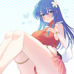  :d awayuki_ramika bare_shoulders bikini blue_background blue_eyes blue_hair blush breasts caeda_(fire_emblem) caeda_(summer)_(fire_emblem) female fire_emblem fire_emblem:_mystery_of_the_emblem fire_emblem_heroes flower hand_on_own_face heart large_breasts long_hair official_alternate_costume open_mouth red_bikini sideboob skirt sleeveless smile solo striped striped_background swimsuit thigh_strap thighs turtleneck white_background wing_collar 