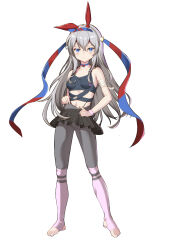  &gt;:( absurdres alternate_costume animal_ears bandaged_arm bandages black_skirt blue_choker blue_eyes blue_hairband blue_sports_bra blush breasts chinese_commentary choker commentary_request double-parted_bangs ear_covers female full_body grey_hair hair_between_eyes hairband headband highres horse_ears leggings leggings_under_skirt long_hair long_sidelocks looking_at_viewer navel no_tail ponytail red_headband senbonsang short_ponytail sidelocks skirt small_breasts solo sports_bra stirrup_legwear tamamo_cross_(umamusume) toeless_legwear umamusume v-shaped_eyebrows very_long_hair white_background 