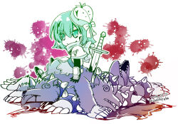  2boys @_@ atroce belt blood blood_splatter capelet closed_mouth commentary_request dated dress female full_body furry furry_male hat limited_palette multiple_boys nosebleed ragnarok_online scarf short_hair sitting smile sword swordsman_(ragnarok_online) takaha_momo weapon 