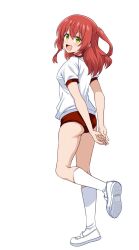  arms_behind_back ass bocchi_the_rock! buruma female from_behind full_body green_eyes gym_shirt gym_uniform highres kita_ikuyo long_hair one_side_up ponzu_rui red_buruma red_hair shirt shoes simple_background smile socks solo t-shirt white_background white_shirt white_shoes white_socks 