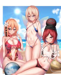  absurdres american_flag american_flag_print beach bikini blonde_hair breasts chains cleavage clownpiece day earth_(ornament) flag_print flower hair_flower hair_ornament hecatia_lapislazuli highres junko_(touhou) large_breasts leo23 looking_at_viewer midriff moon_(ornament) navel outdoors red_hair small_breasts swimsuit touhou underworld_(ornament) 