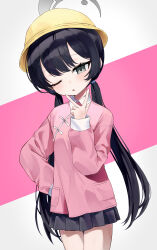  absurdres bare_legs black_eyes black_hair black_skirt blue_archive cowboy_shot female halo hat highres kisaki_(blue_archive) kisaki_(kindergarten_uniform)_(blue_archive) one_eye_closed pink_background pink_shirt shirt simple_background skirt solo syuerito_99 thigh_gap twintails two-tone_background v white_background yellow_hat 