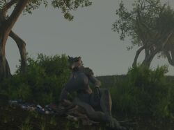  3d_(artwork) 4:3 anthro black_body blue_eyes campfire clothing crocodilian cthulhu_mythos curious digital_media_(artwork) duo female feral fire flailingfornication food grass green_body h._p._lovecraft hi_res hound_of_tindalos jewelry kroxigor_(vulgarvictor) lying marine morning on_side outside plant reptile scalie sitting sleeping smile tail teeth tree 