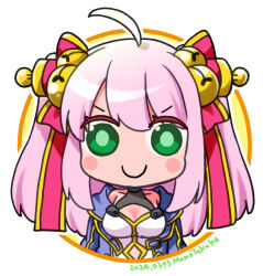  ahoge artist_name bell blue_jacket blush_stickers breasts c: chibi chibi_only cleavage cleavage_cutout closed_mouth clothing_cutout commentary_request dated female green_eyes hair_bell hair_ornament hair_stick jacket jingle_bell long_hair looking_at_viewer medium_breasts meister_(ragnarok_online) open_clothes open_jacket pink_hair ragnarok_online shirt simple_background smile solo takaha_momo upper_body white_background white_shirt 