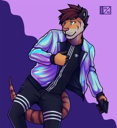  2020 action_pose anthro black_body black_bottomwear black_clothing black_ears black_fur black_pants black_shirt black_topwear bottomwear brown_body brown_fur brown_hair brown_stripes clothed clothed_male clothing d3mo demo_(d3mo) ear_piercing ear_stud electronics felid fingerless_(marking) front_view fully_clothed fully_clothed_male fur glistening glistening_clothing glistening_jacket glistening_topwear hair hi_res holding_clothing holding_jacket holding_object holding_phone holding_topwear jacket leaning looking_aside male mammal orange_body orange_fur pantherine pants phone piercing pink_nose pointed_tail pose shirt signature simple_background slight_smile solo stripes tail thick_tail tiger topwear whisker_spots white_body white_fur 