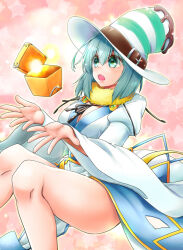  belt black_ribbon blue_dress blue_hair blush box breasts brown_belt cleavage commentary_request dress feet_out_of_frame female fur_collar gold_trim green_eyes green_hat hat hat_belt highres juliet_sleeves large_breasts layered_dress long_dress long_sleeves neck_ribbon official_alternate_costume open_mouth pink_background puffy_sleeves ragnarok_online ribbon solo sorcerer_(ragnarok_online) striped_hat takaha_momo top_hat white_dress white_hat 
