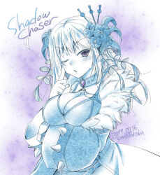  arm_under_breasts blue_theme blush breasts character_name coat commentary_request dated female flower fur_coat fur_collar hair_ornament hair_stick large_breasts long_hair looking_at_viewer monochrome official_alternate_costume open_mouth ragnarok_online shadow_chaser_(ragnarok_online) solo sports_bra takaha_momo upper_body 